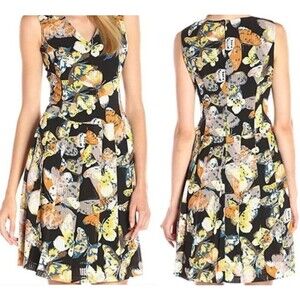 Nine West Dress Size 12 Butterfly Sleeveless‎ V Neck Drop Waist Short Pleated
